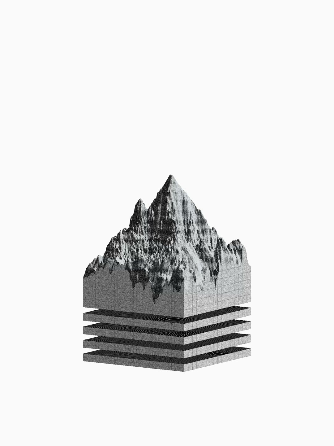 A mountain on a block that splits into slabs: the layers beneath the visible peak.